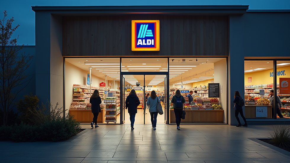 High angle view of Aldi store entrance with shoppers