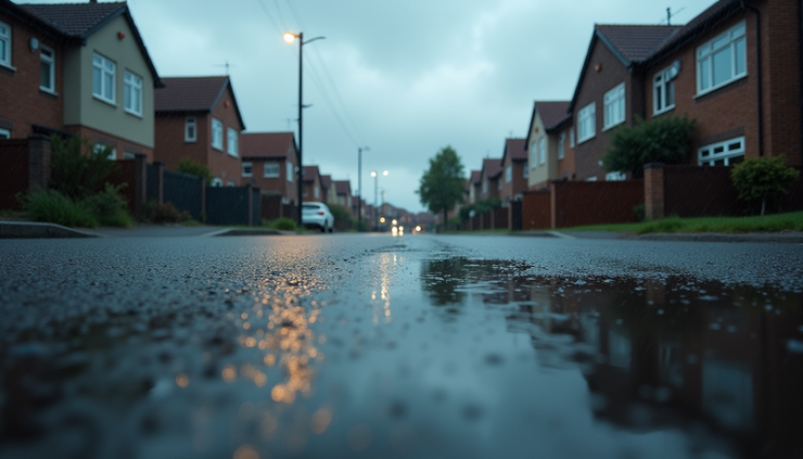 High angle view of rain-soaked street with puddles and cloudy sky