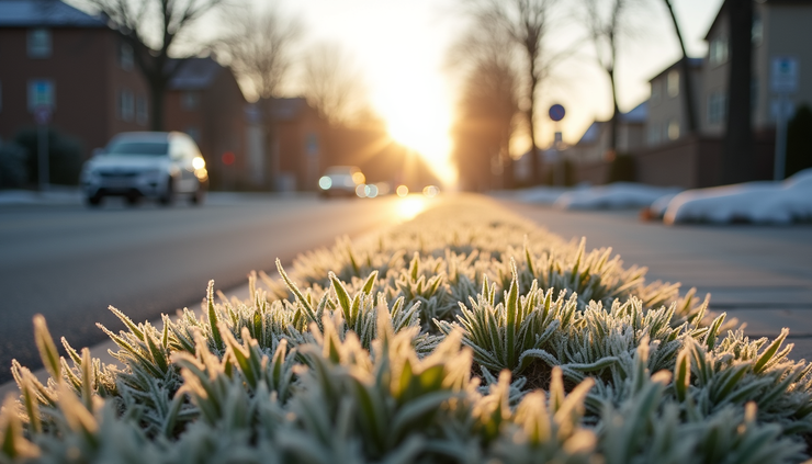 Eye-level view of a suburban street with frost-covered grass in the early morning