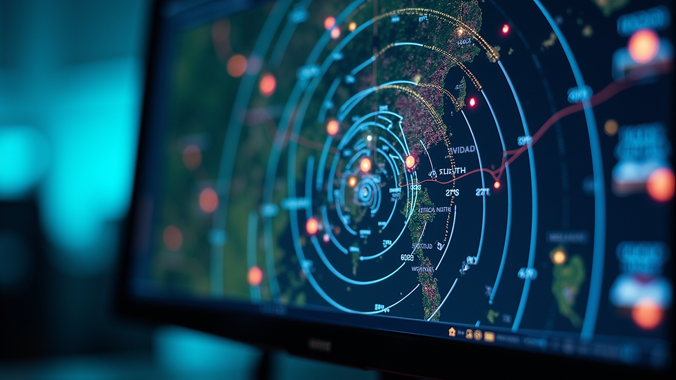 Close-up view of a weather radar screen displaying storm patterns
