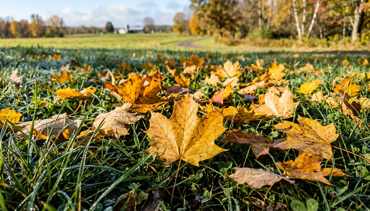 Close-up view of golden leaves on grass under clear sunshine.