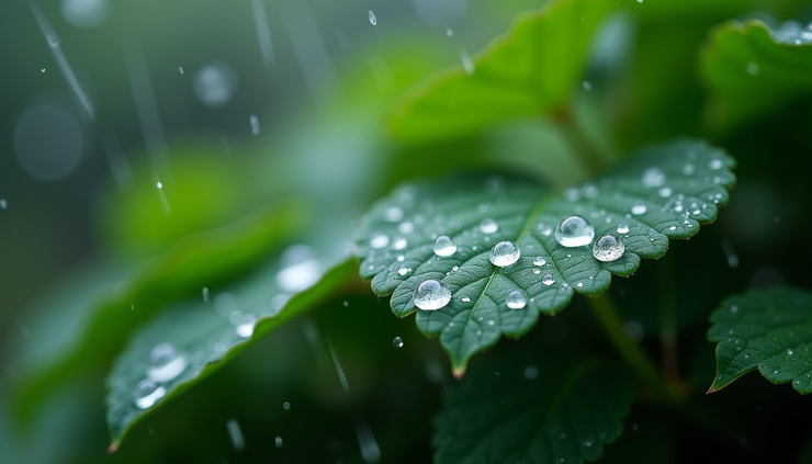 Close-up view of raindrops falling on green leaves during a light rain shower