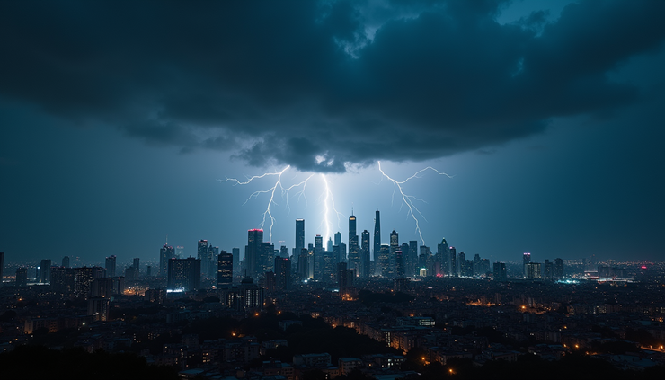 High angle view of dark storm clouds gathering over a city skyline with lightning flashes