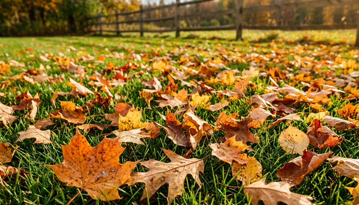 Close-up view of autumn leaves scattered across a lawn in clear afternoon light.