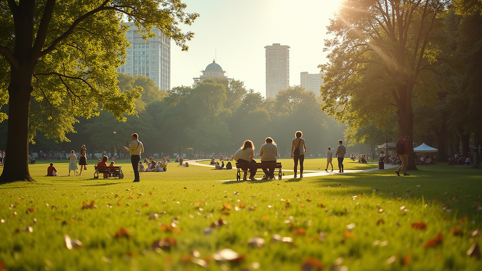 Wide angle view of a sunny park with people enjoying the weather