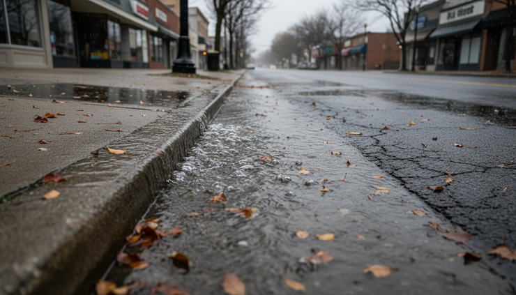 Eye-level view of rainwater running along a curb during a storm.
