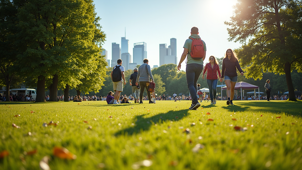 Wide angle view of a sunny park with people enjoying the outdoors