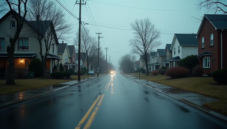 Eye-level view of a suburban street with light rain and cloudy skies