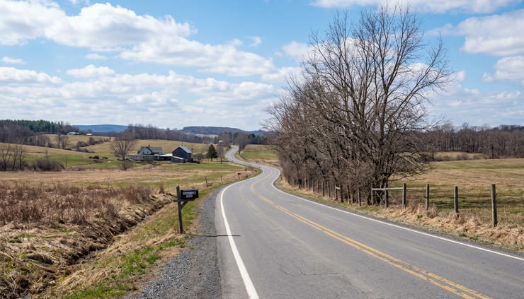 Eye-level view of a sunny country road bordered by early spring fields