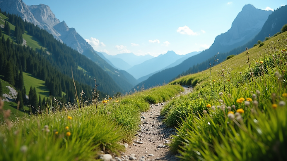 Eye-level view of a hiking trail surrounded by lush greenery