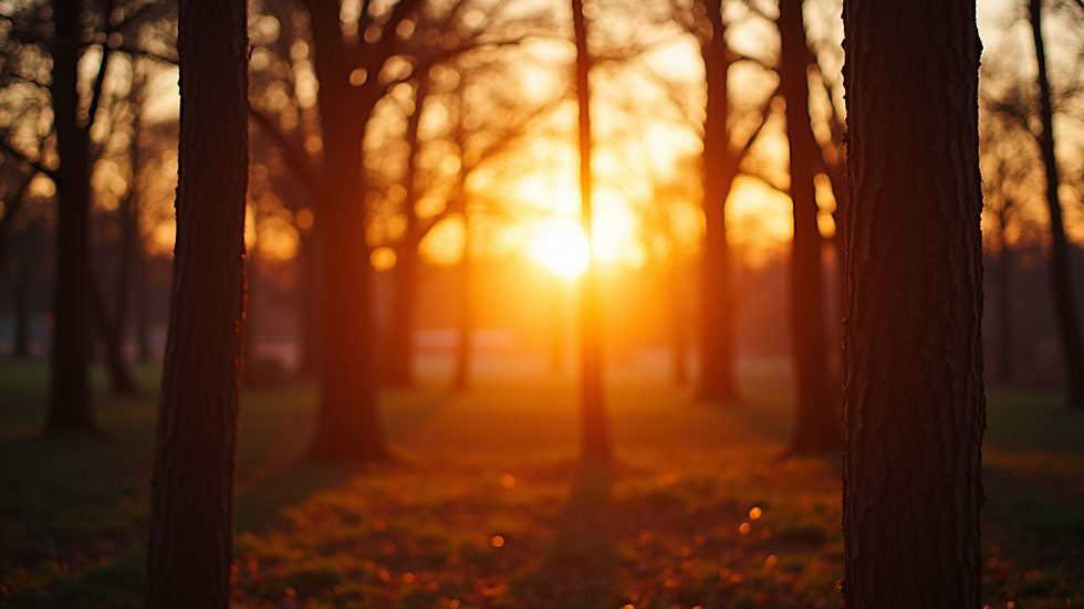 Wide angle view of a bright sun setting behind trees