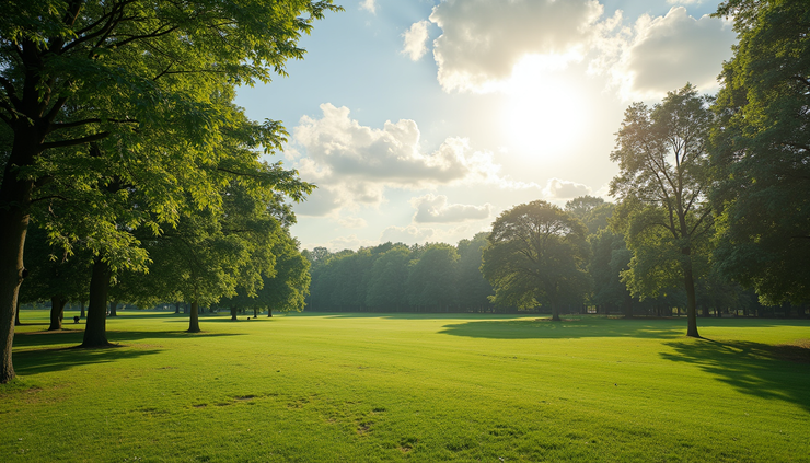 Wide angle view of a park with partly sunny skies and gentle breeze