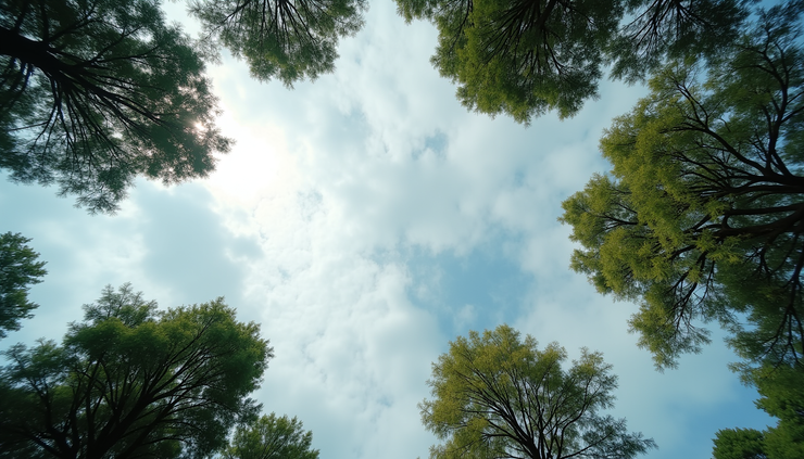 Eye-level view of cloudy sky with gentle west wind blowing over trees