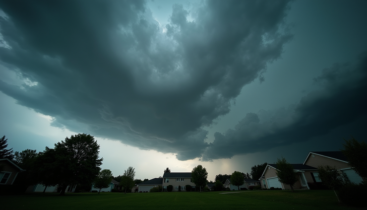 Eye-level view of dark storm clouds gathering over a suburban neighborhood