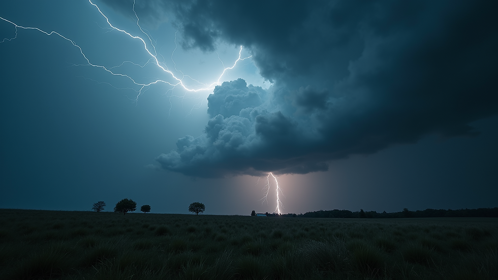 Wide angle view of a stormy sky with lightning