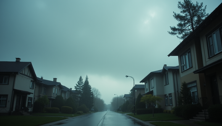Eye-level view of cloudy sky with light rain beginning over suburban neighborhood