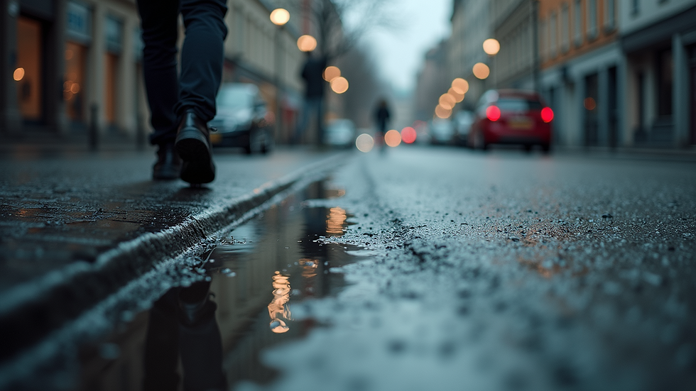 Close-up view of a rain-soaked street with puddles