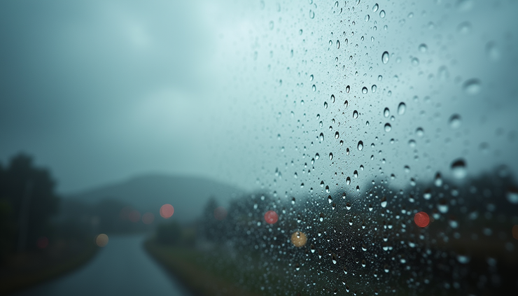 High angle view of rain droplets on a window with cloudy sky outside