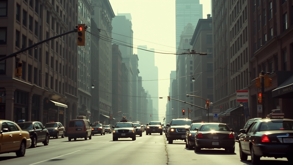 Wide angle view of a bustling New York street with hazy skies