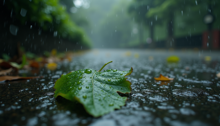 High angle view of wet pavement and raindrops on leaves after a light shower