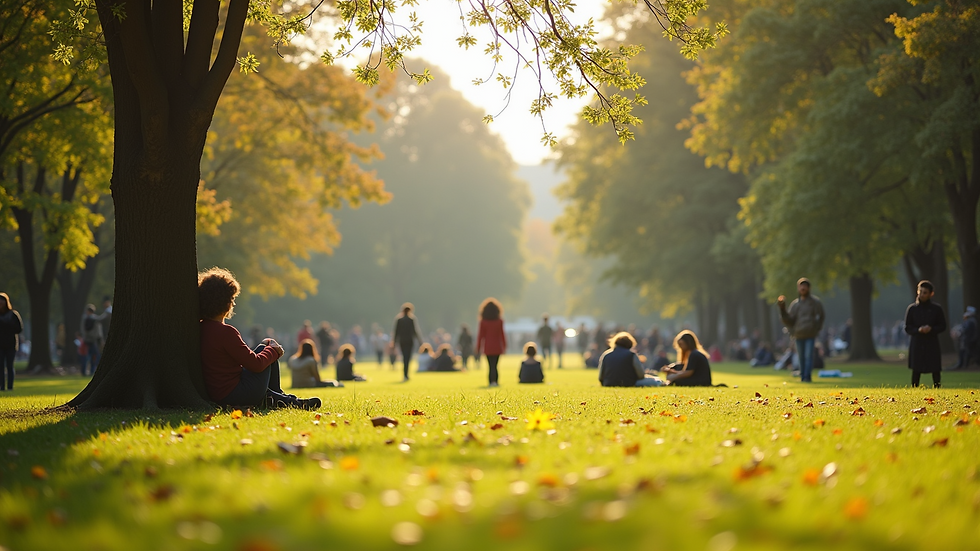 Wide angle view of a sunny park with people enjoying the outdoors