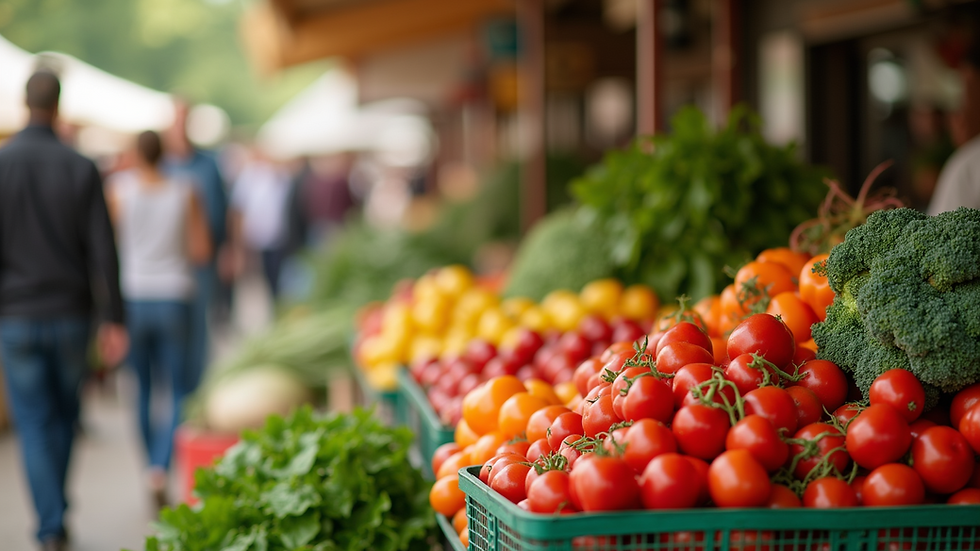 Eye-level view of a vibrant farmer's market with fresh produce