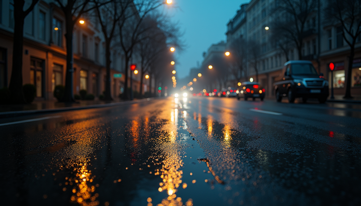 High angle view of rain-soaked street with puddles reflecting streetlights at night