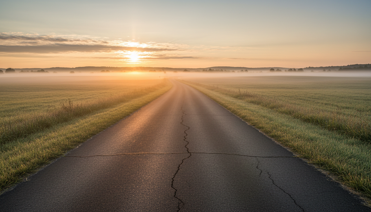 Wide-angle view of a quiet Central New York road under morning fog and soft sunlight