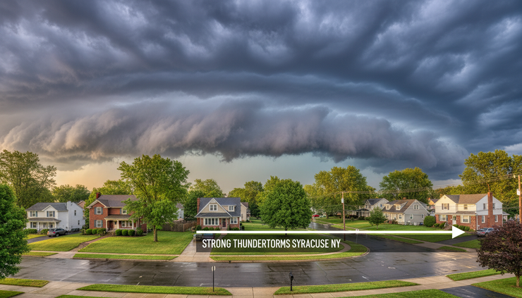 Wide-angle view of storm clouds building over a quiet neighborhood.