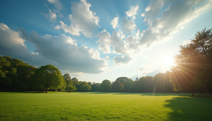 Wide angle view of a sunlit park with scattered clouds in the sky