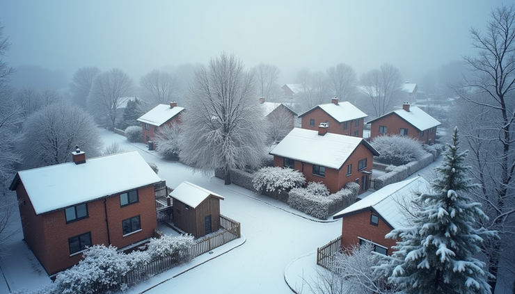 High angle view of snow-covered trees and rooftops during early morning