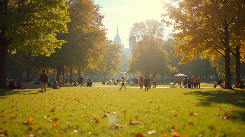 High angle view of a sunny park with people enjoying the day