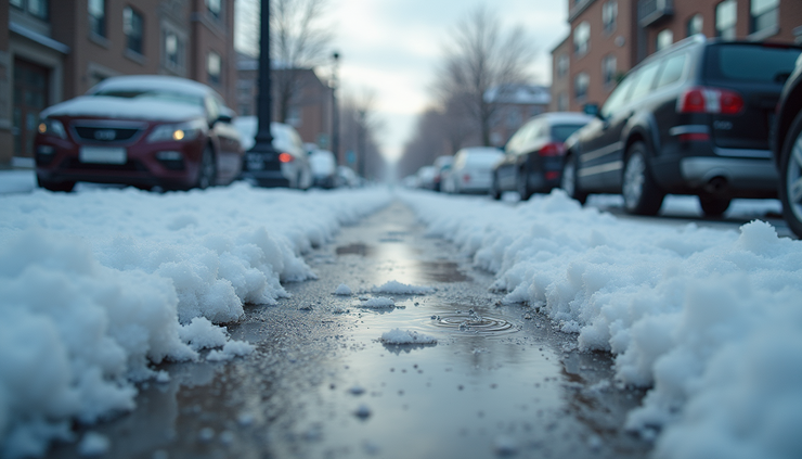 High angle view of melting snow on city sidewalks under cloudy sky