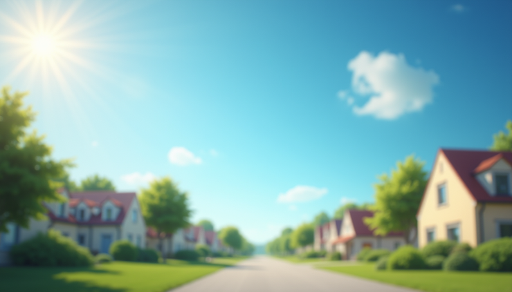 Eye-level view of a clear blue sky with the sun shining brightly over a quiet suburban neighborhood