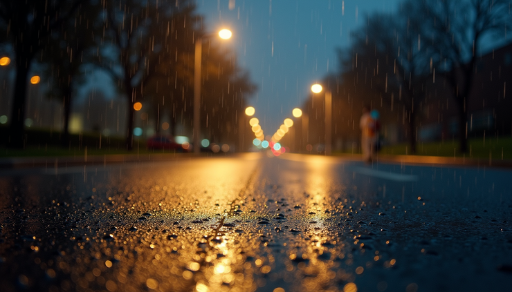 Close-up view of raindrops falling on a wet street at night