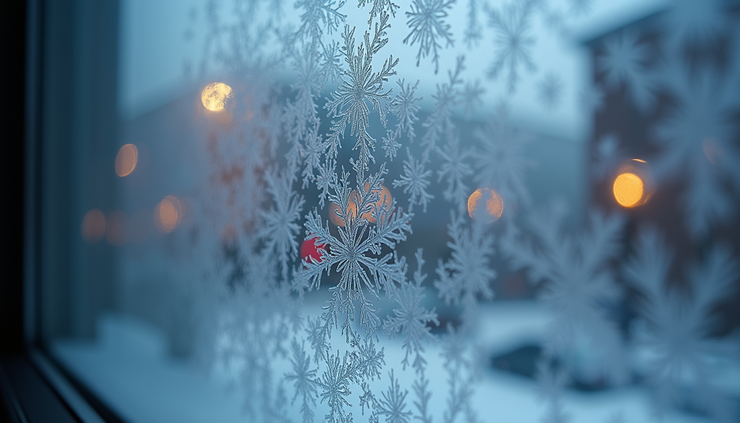 Close-up view of snowflakes on a frozen window pane