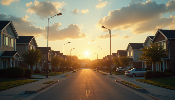 Eye-level view of a partly cloudy sky gradually clearing to sunshine over a suburban neighborhood