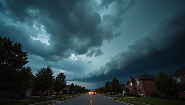 Eye-level view of dark thunderclouds gathering over a suburban neighborhood