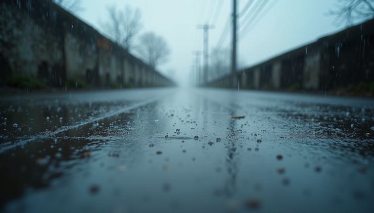 High angle view of raindrops falling on a wet pavement with cloudy sky