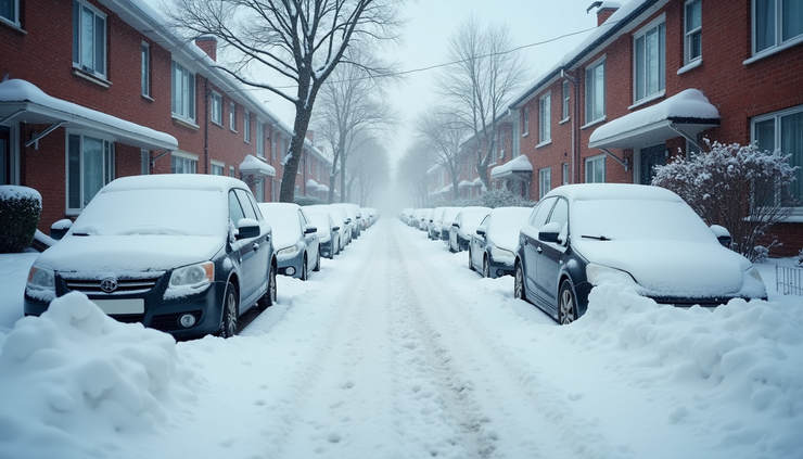 Eye-level view of a residential street covered in fresh snow with parked cars partially buried