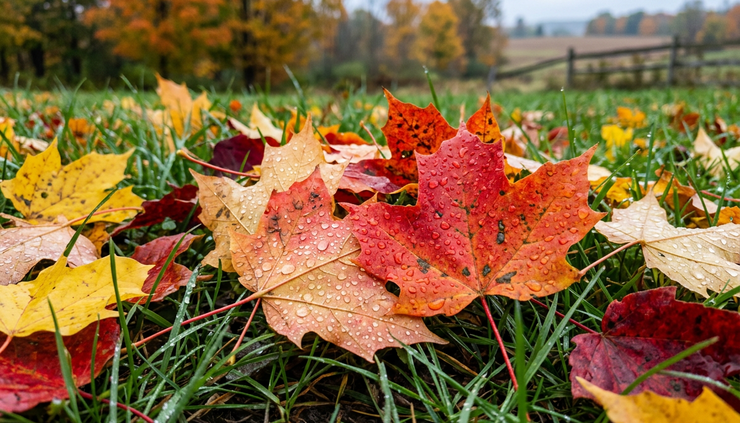 Close-up view of fallen maple leaves on damp grass in cool morning light.