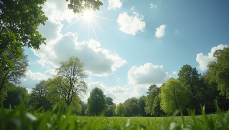 Eye-level view of a partly cloudy sky over a quiet park with green trees