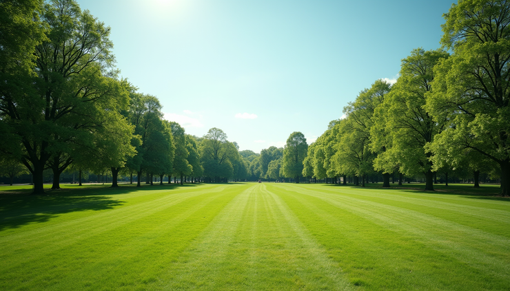 Wide angle view of a sunny park with green grass and blue sky