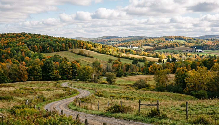 Wide-angle view of a partly sunny hillside with fall trees.
