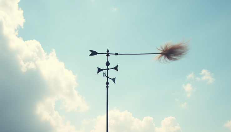 Close-up view of a weather vane spinning in a gentle breeze against a partly cloudy sky