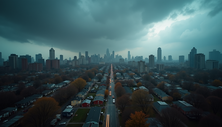 High angle view of a residential neighborhood in New York with dark clouds overhead