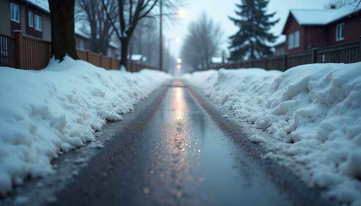 High angle view of wet and slushy road after snow and rain mix