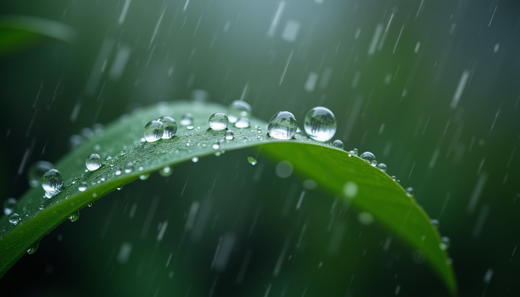 Close-up view of raindrops falling on a green leaf during a thunderstorm