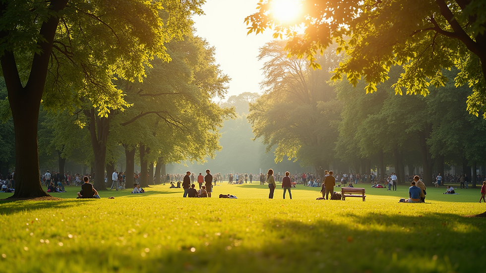 Wide angle view of a sunny park with people enjoying the weather