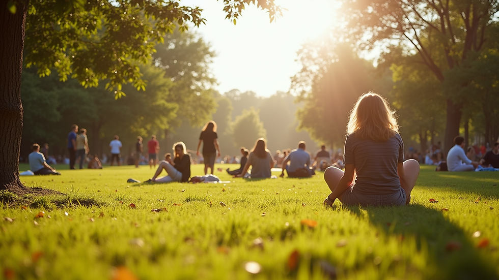 Wide angle view of a sunny park with people enjoying the outdoors